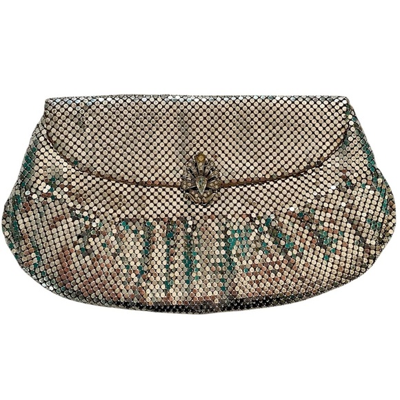 Whiting & Davis Co. Vintage Silver Mesh Evening Bag Clutch Rhinestone Closure - Picture 1 of 16